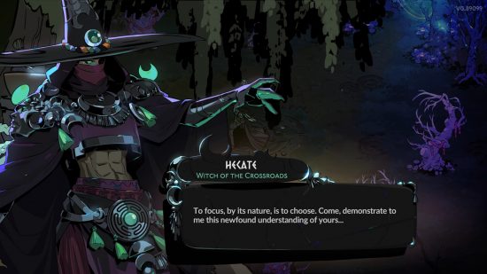 Hades 2 bosses: a humanoid witch, wearing a large hat and clawed gloves.