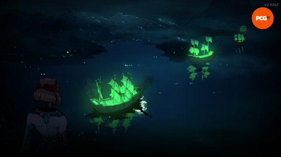 Hades 2 review: Melinoe gazes down at luminous green warships in the ocean