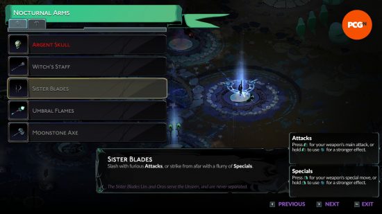 The attack description for Sister Blades, the best Hades 2 weapons.