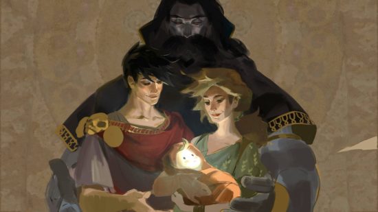 Hades 2 Zagreus: a painting of the son of Hades and Persephone stands with them, looking over a radiant newborn baby.