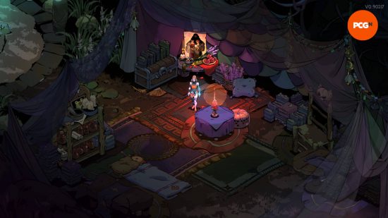 Hades 2 Zagreus: Melinoe is standing in her camp, brooding over the portrait of her family.