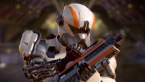 Helldivers patches fewer: a soldier in white and orange reloading a rifle