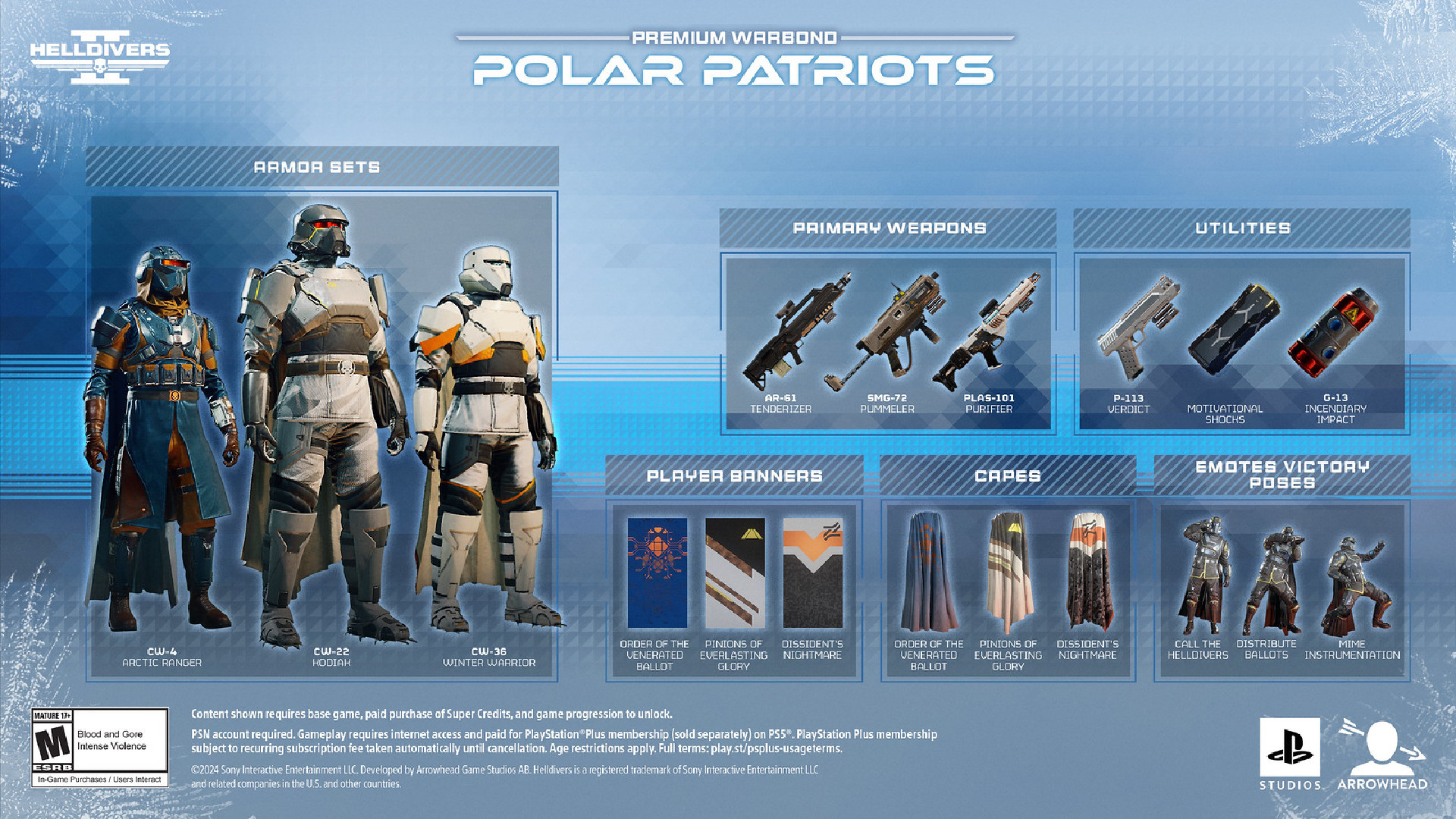 Bono de guerra Helldivers 2 Polar Patriots: un gráfico que muestra todos los desbloqueos principales que se pueden obtener a través del nuevo pase de batalla.