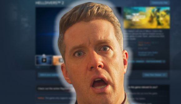 Helldivers 2 Steam delisting: a man with a shocked face in front of the HD2 Steam store page