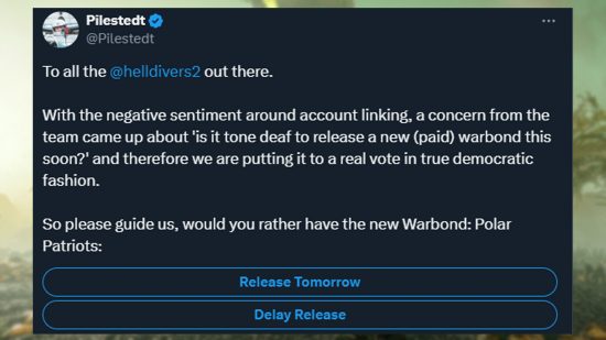 A tweet from the Arrowhead Game Studios CEO asking players to vote on the upcoming warbond.