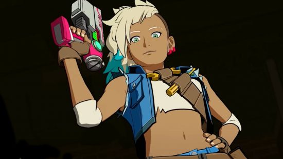 Hi-Fi Rush is getting review bombed on Steam, sort of: A tanned woman with shaved blond hair stands holding up a gun, wearing a cropped denim jacket and white shirt