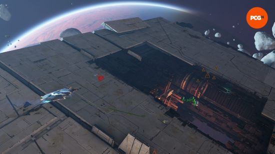 Best strategy games: a spaceship drifts close to a huge man-made structure as it stalks a bunch of fighter craft.