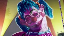 Killer Klowns tips and tricks: A female customization of jumbo, with green bunchies, looks innocently off to the side.