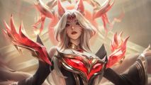 If you want the best League of Legends Faker skin, it'll cost $430: A pretty woman with white hair and fox ears looks into the camera, wearing a black bodice with red crystal inlays
