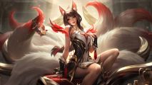 League of Legends' new $430 skin mocks LoL's own in-game pricing: A pretty woman with long black hair, fox hears, and seven white tails with red tips sits, a golden crown on one tail, wearing a black and gold bodice with white inlays