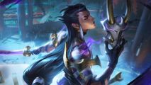 If your League of Legends champ is weak, you're just "building wrong": An Asian man with long black hair in a ponytail stands holding a broken demon mask, surrounded by purple smoke with a purple samurai blade behind him