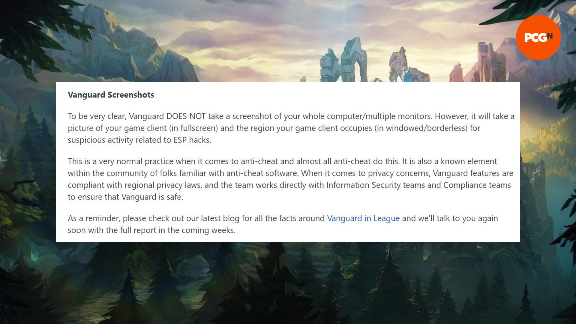 Una publicación en Reddit de Riot Games que analiza los supuestos problemas con las capturas de pantalla anti-trampas de Vanguard en PC
