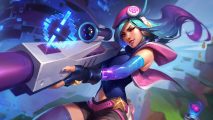 Riot wants "more power spikes" with League of Legends ADC changes: A woman with a huge, blocky pink and silver sniper rifle, wearing a blue combat jacket and a beret looks down the scope in a plush green area