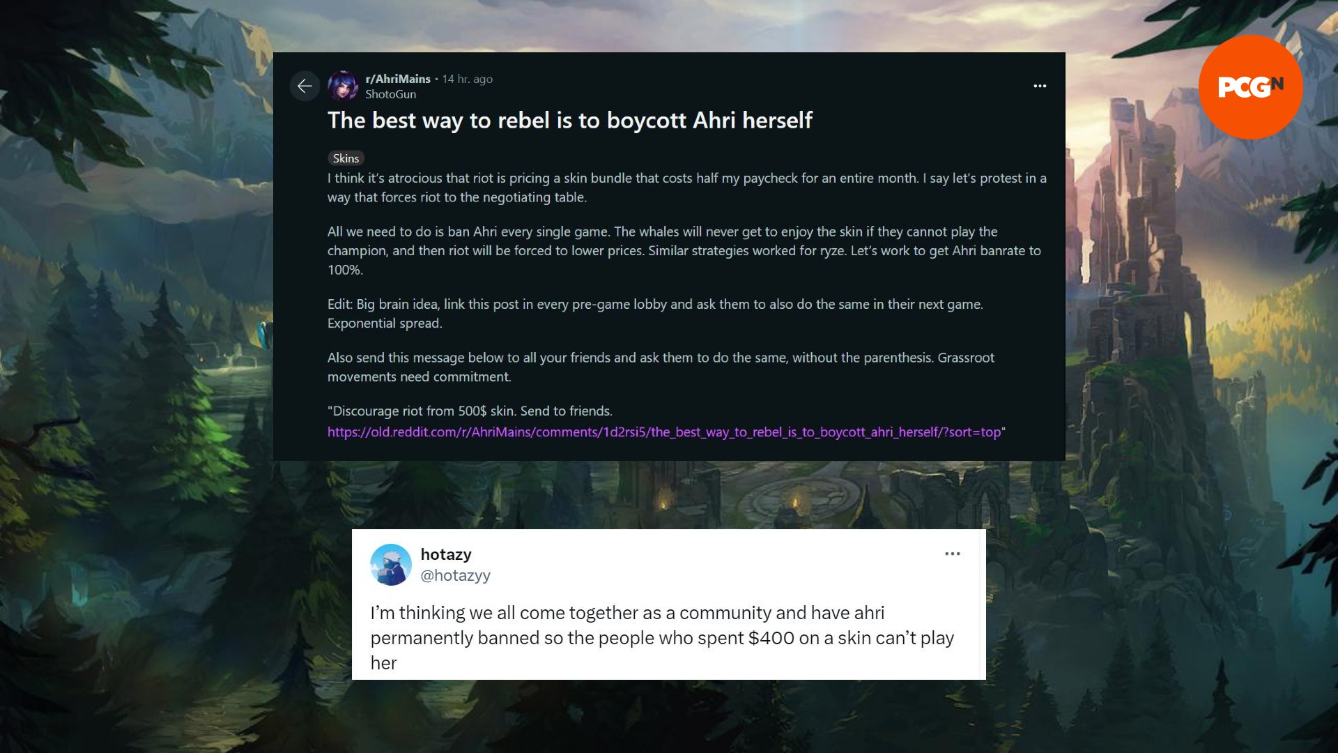 Una imagen de una amenaza de Reddit y un comentario X sobre la prohibición permanente de Ahri tras el lanzamiento del aspecto Faker Hall of Legends.