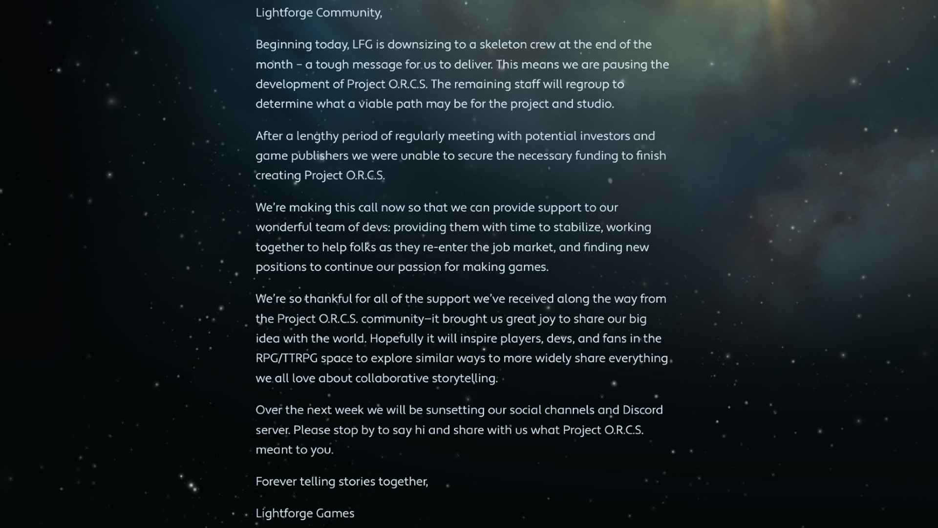 Declaración de Lightforge Games: 