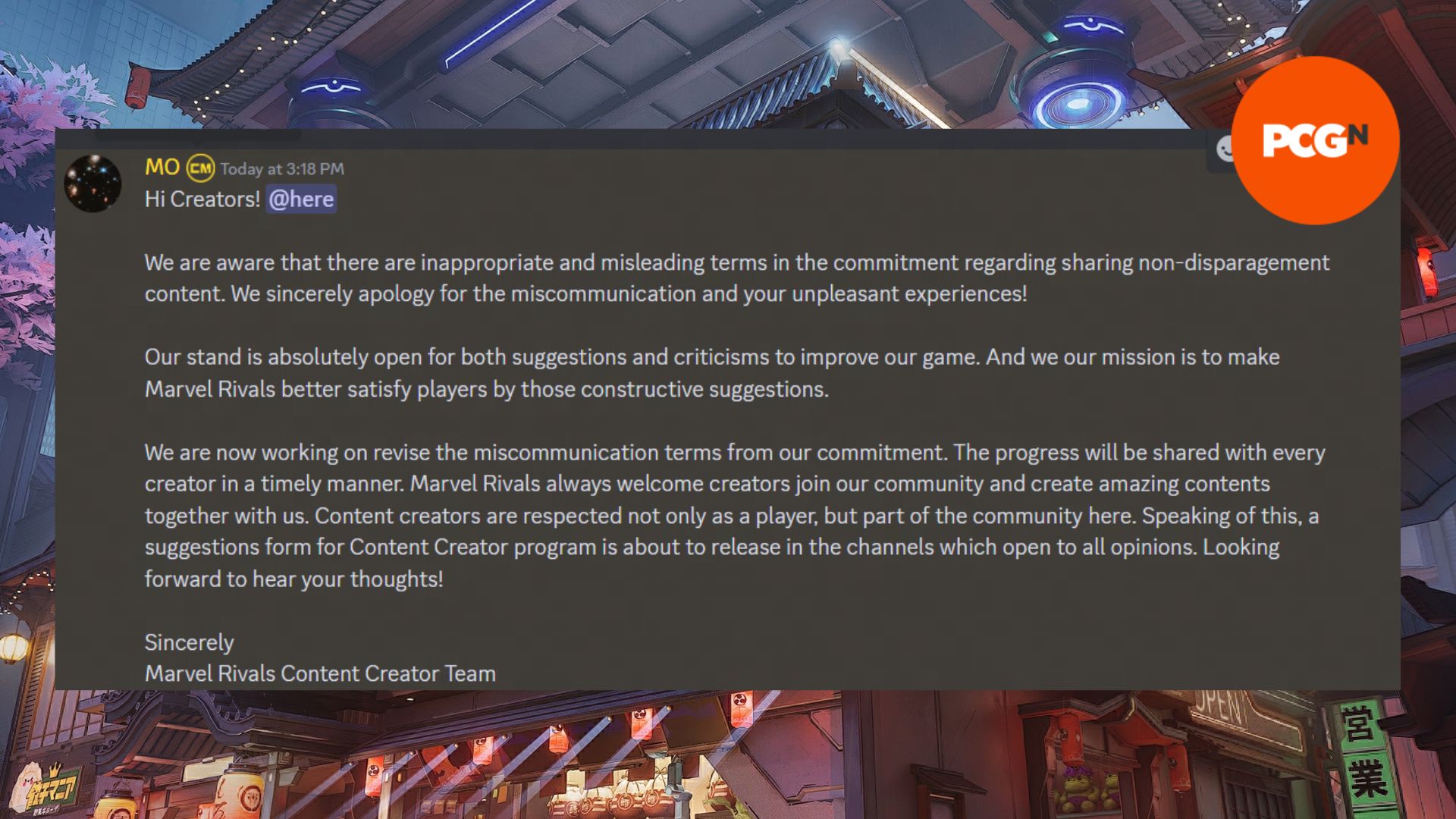 Marvel Rivals contract: a screenshot of a Discord post in the Marvel Rivals content creator section