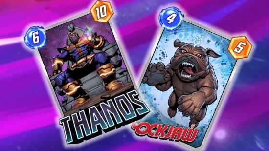 The Thanos and Lockjaw cards that are part of one of the best Marvel Snap decks.