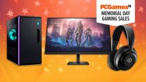 The word Memorial Day gaming sales on a bright orange background with a PC, monitor and headset
