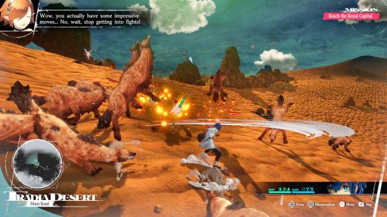 Metaphor Refantazio release date: the player is swiping his sword at some hyenas in a desert.