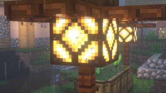 Raindrops sit on the player's screen thanks to Astralex, one of the best Minecraft shaders.