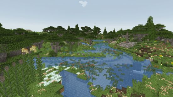 A beautiful flora-covered river in TerraFirmaCraft, one of the best Minecraft mods.