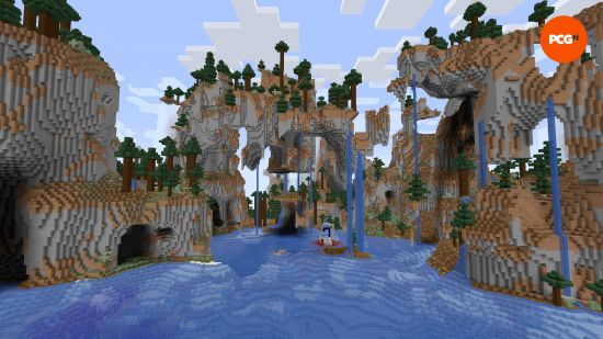 A beautiful broken, floating cove in one of the best Minecraft seeds.