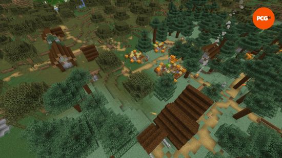A taiga village partly spawned in a swamp biome in one of the best Minecraft seeds.