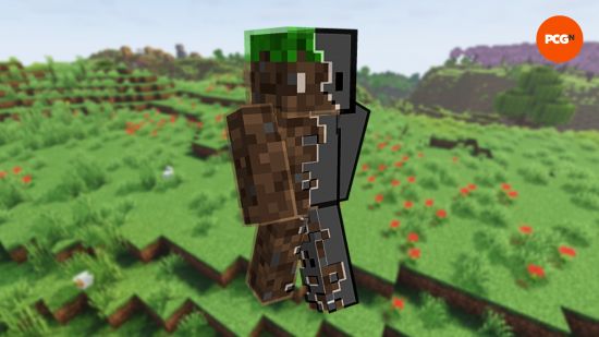 A Minecraft skin with half a non-descript, grey body and half a grass-block body.