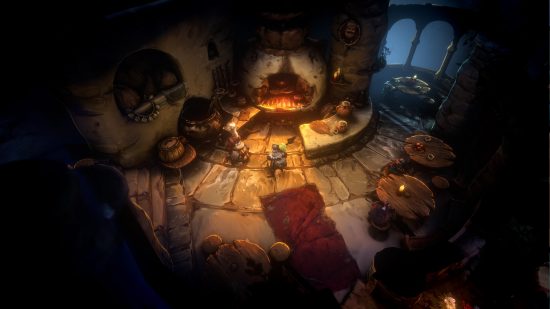 Parche 1 de No Rest for the Wicked: el jugador se encuentra en una cocina con un chef.
