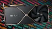 An Nvidia GeForce RTX 4090 Founders Edition graphics card against a blurred background of code