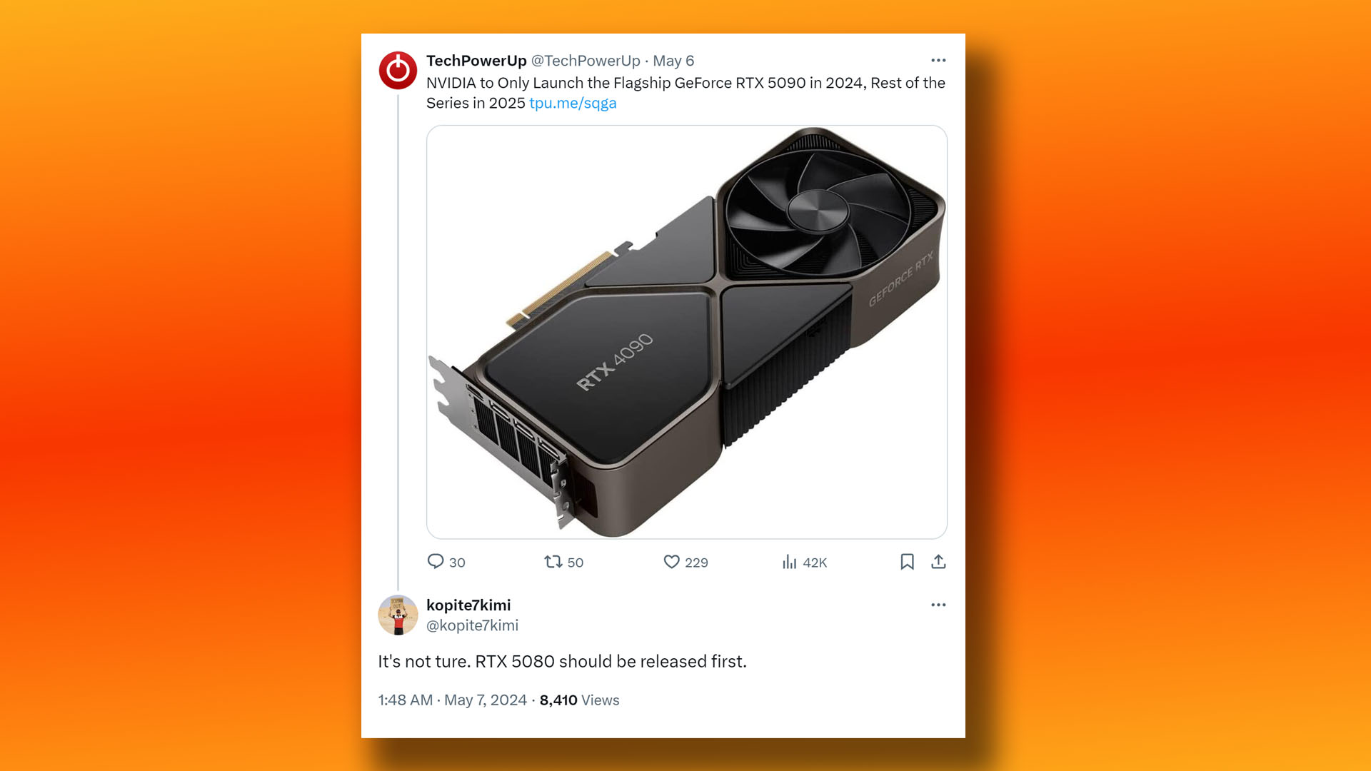 Nvidia RTX 5080 will launch before 5090, says leaker: X Twitter post by kopite7kimi