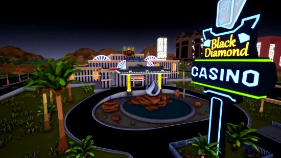 Ladrón manco Black Diamond Casino: una toma exterior de la nueva ubicación, un gran edificio de casino con un letrero de neón.