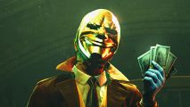 Huge new Payday 3 patch fixes one of its most punishing systems: Wearing a gold mask, one of Payday 3's heisters flashes a wad of cash.