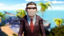 Perfect Heist 2 Steam sale free weekend: a polygonal man in a brown suit with a red tie, stood in front of a blurry, tropical background