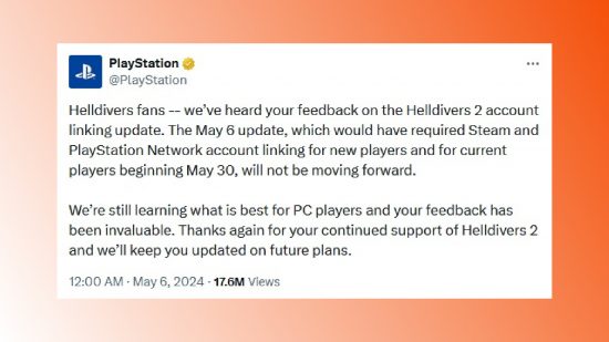 Helldivers 2 receives positive Steam reviews after account linking backtrack: A post on X from PlayStation describing a change in Helldivers 2's account linking policy.