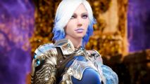 Reborn MOBA Predecessor launches its biggest update ever - New hero Aurora, a white-and-blue haired woman wearing purple makeup and silver, gold, and blue armor.