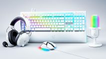 White Razer gaming keyboard, mouse, microphone, and headset