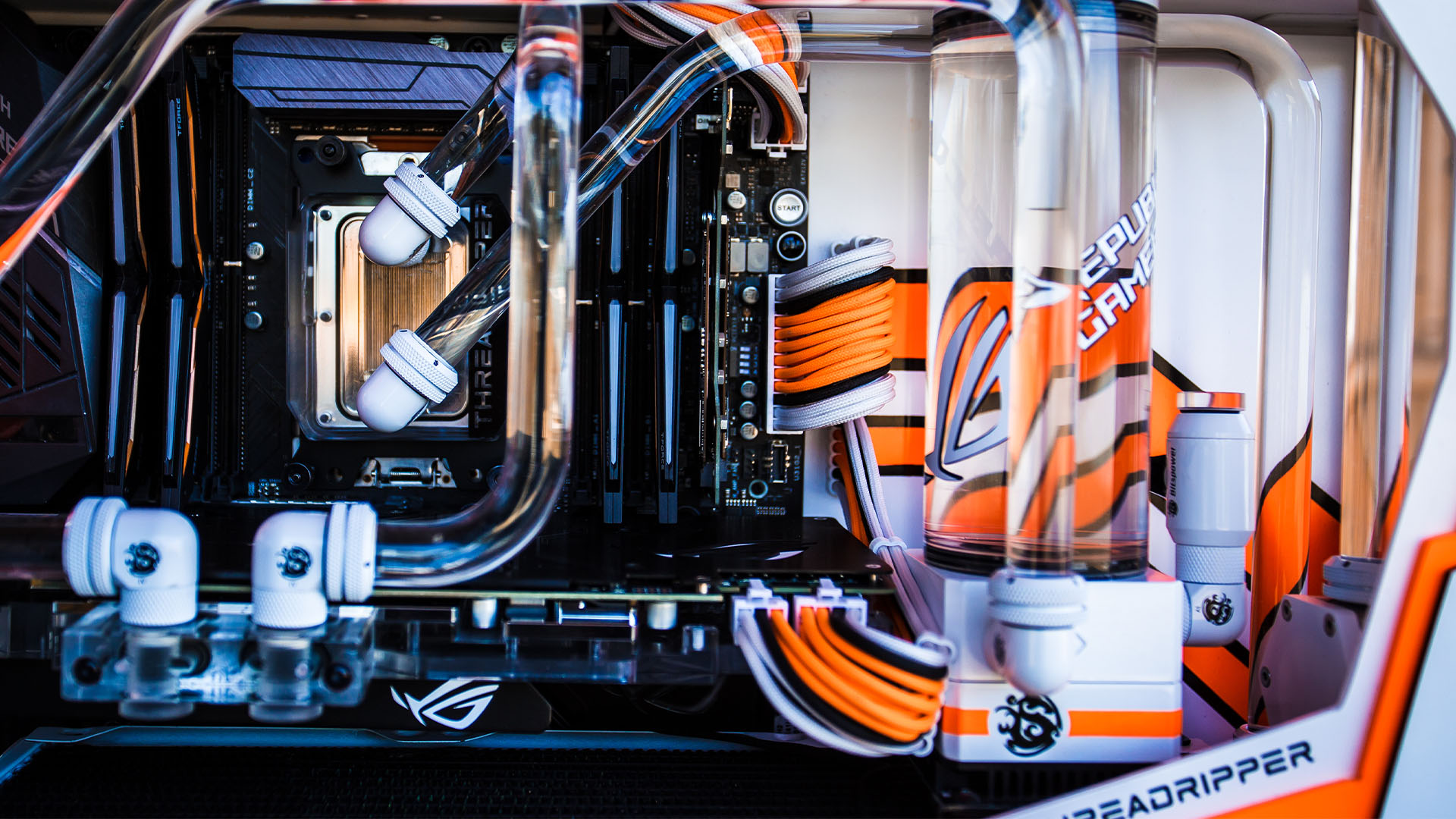 The inside of the threadripper gaming PC, complete with custom cables