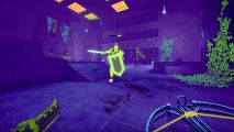 New FPS roguelike rhythm game nets positive reviews on Steam: A neon green knight charges through a purple room, a gun and crossbow on the bottom of the screen, from Robobeat.