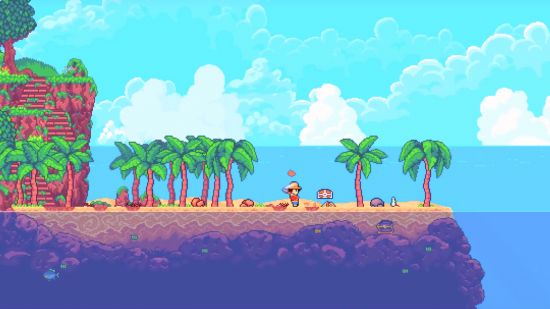 FTL takes to the high seas in new indie pirate RPG game, out now: A pixel art figure digs a treasure chest up from a tropical beach, from Seablip.