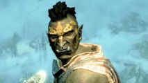 Skyrim mod new region: an orc bearing their lower teeth, wearing iron armor and brandishing a weapon