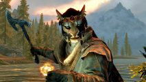 Skyrim mod Skyblivion lockpicking: a cat man holding a hand axe and a fireball in both hands