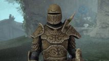 Ambitious Skyrim mod celebrates 22 years of Morrowind with new video: A Hlaalu guard from Skywind stands outside in the rain, probably at Gnaar Mok.