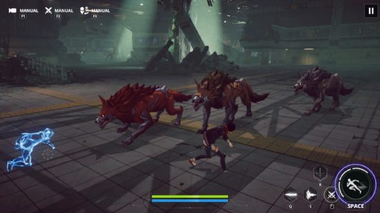 Solo Leveling Arise review: screenshot of the protagonist sneaking by a pack of enemy wolves.