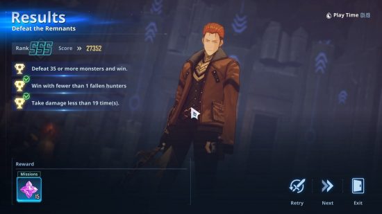 Solo Leveling Arise review: screenshot of the protagonist and the mission complete screen.