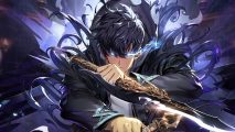 Solo Leveling Arise review: a blue-haired anime man wielding swords while purple magic swarms around him.