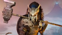 New colossal multiplayer survival sandbox launches free open playtest: A mask wearing tribesperson stands in front of a mysterious mountainous city, wielding a two-handed hammer.
