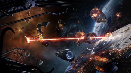 Best free games: several spaceships engage in a laser battle.