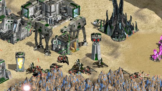 A large-scale battle unfolding in Star Wars Galactic Battlegrounds.