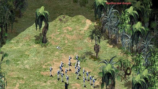 A platoon of stormtroopers entering a forest in Star Wars Galactic Battlegrounds.